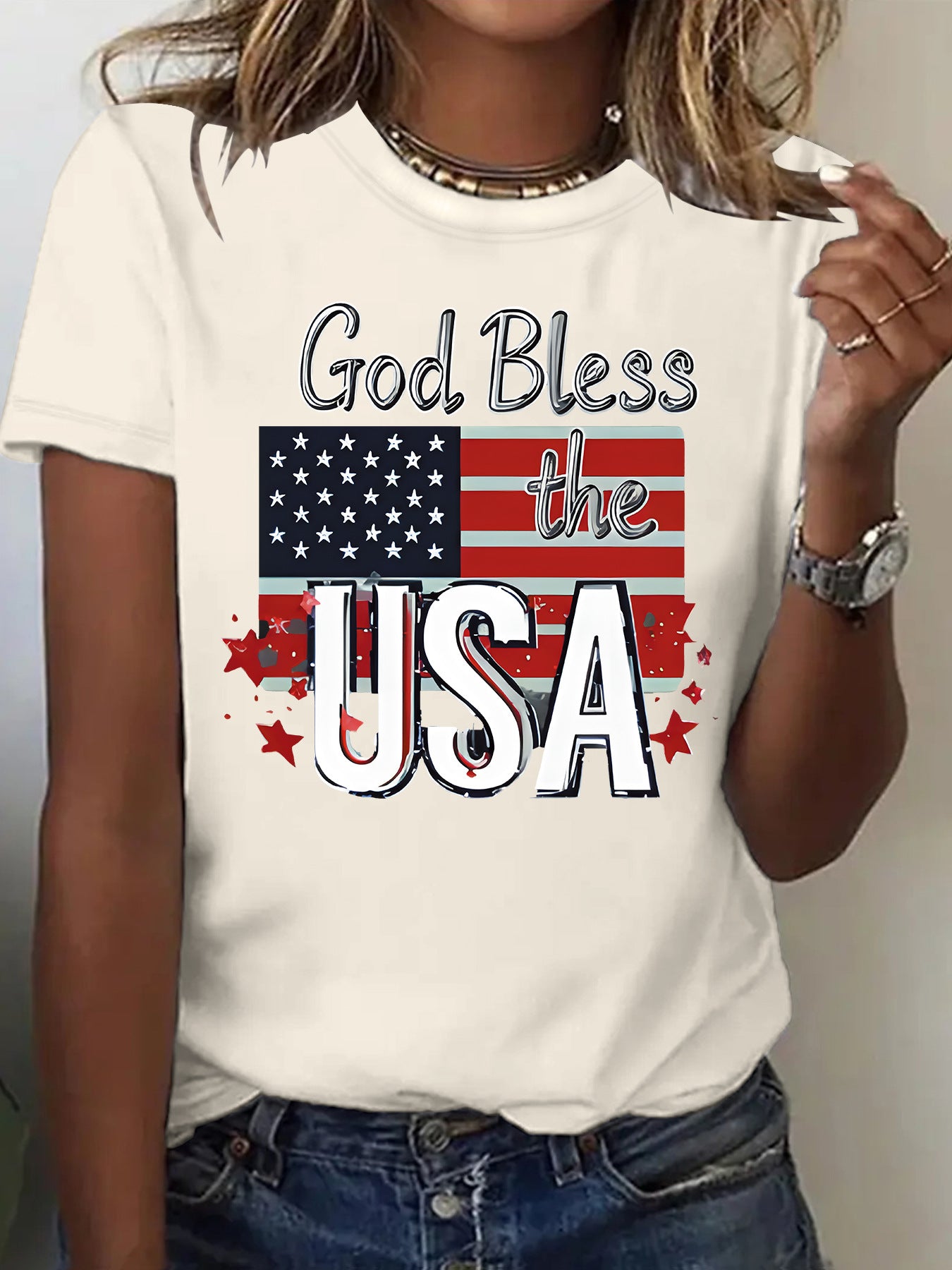 Short sleeved women's t-shirt with USA flag