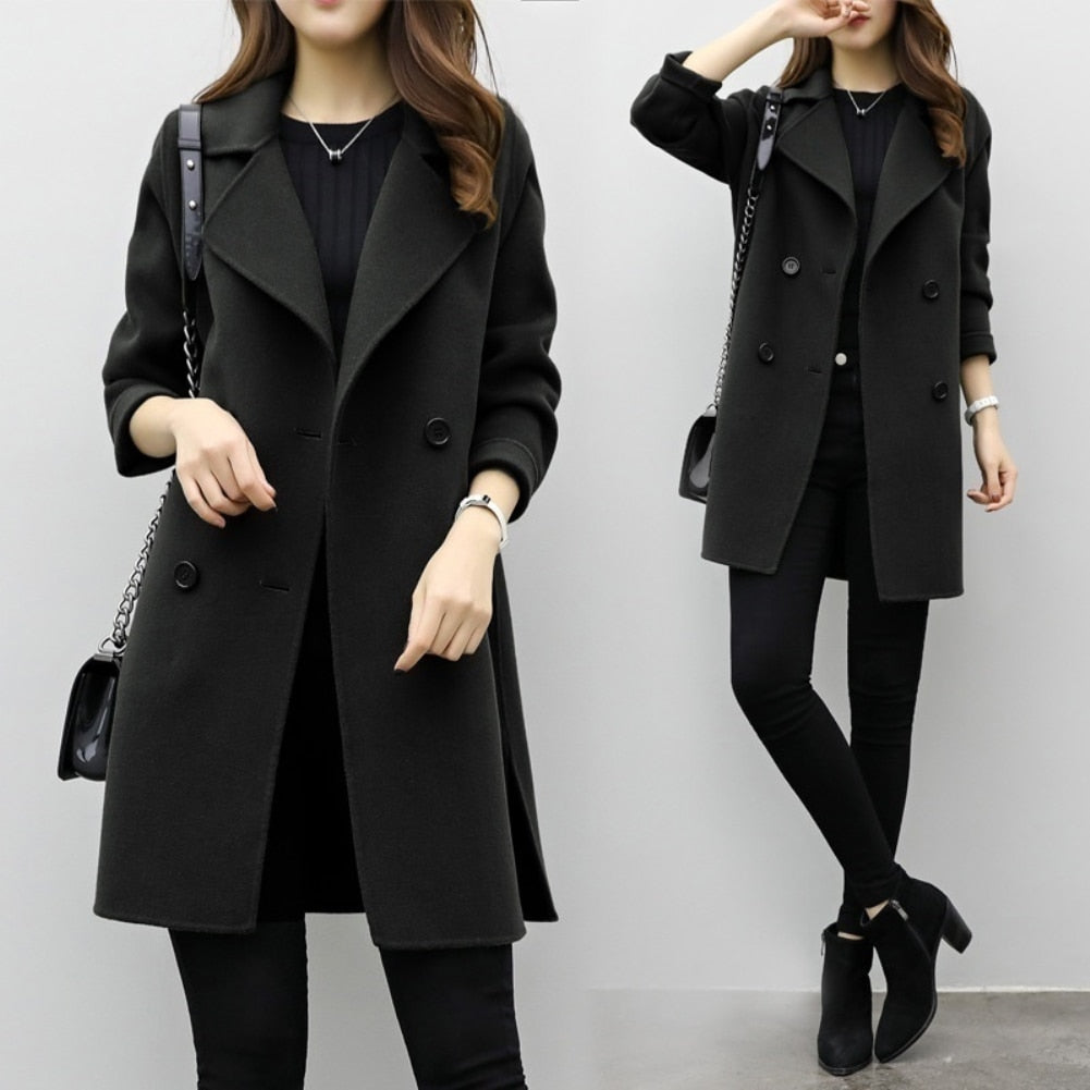 ML Two Breasted Ladies Long Sleeve Loose Suit Coat Jacket Women blazers Female Solid Color Long Suit loose sliming jacket | ML Double-Breasted Women’s Long Coat – Slimming Loose Fit Blazer Jacket | Fall & Winter Fashion for Women