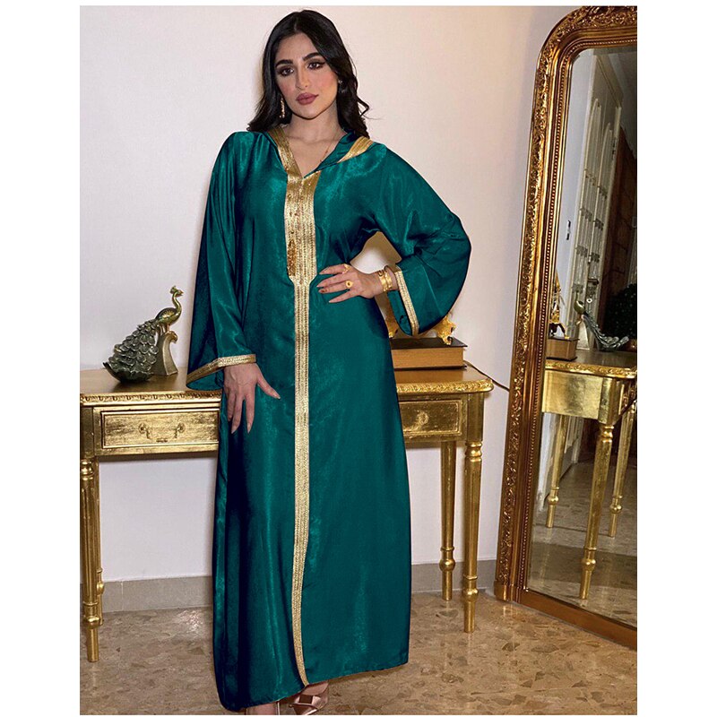 Moo Moo Dress Abaya Jalabiya Hooded Maxi  Dress Long Sleeve  Islam Muslim Women Robe Champagne White Green
