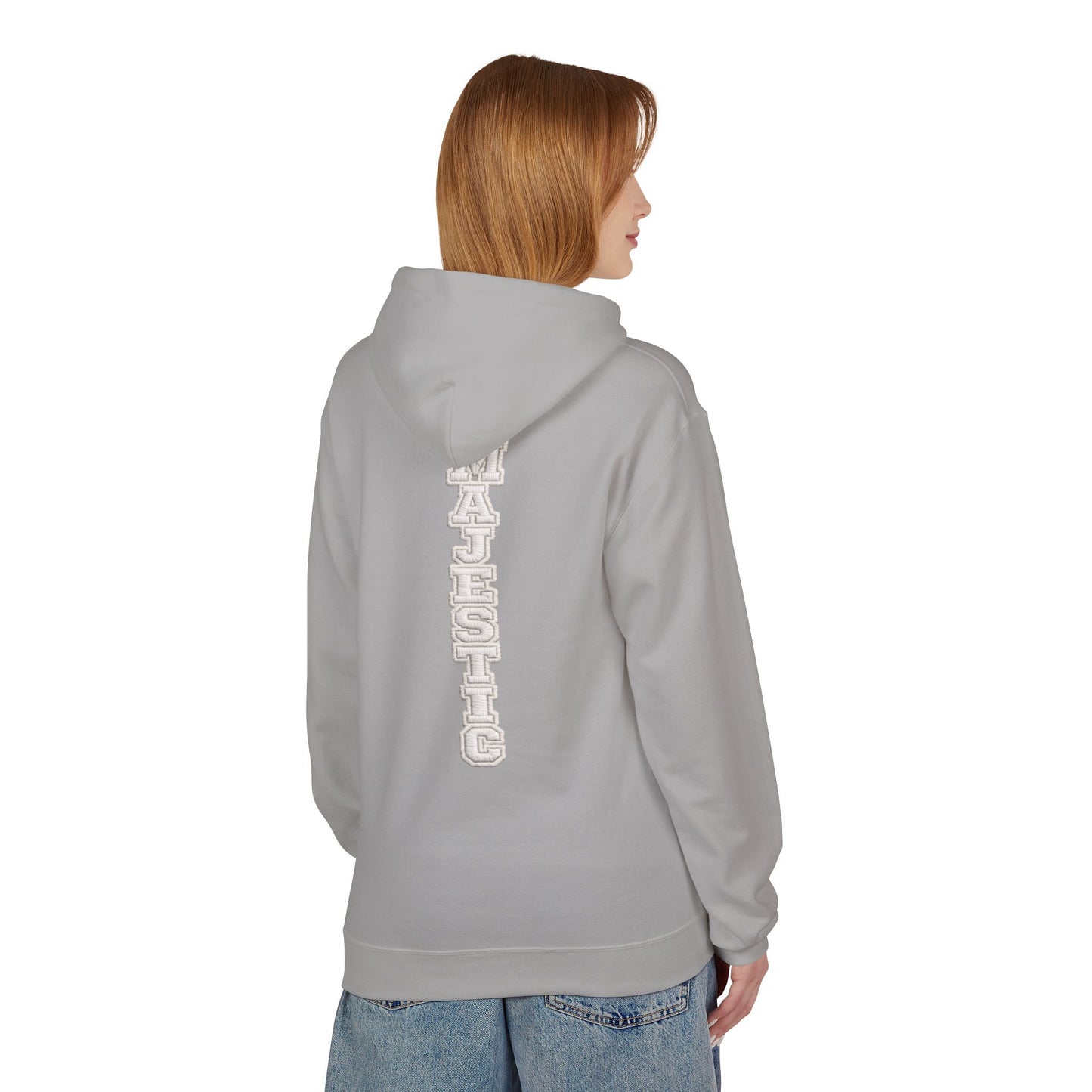Majestic Vertical Text Hoodie — Minimal White Graphic Pullover Christian Hoodie Godly Hoodie Sports Hoodie Mighty Lifestyle Hoodie