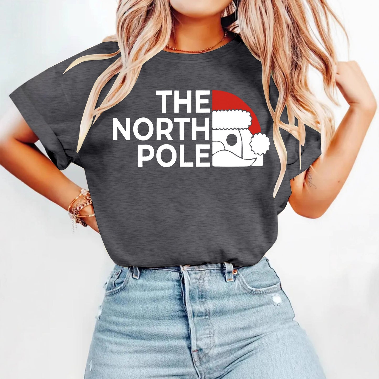 Short sleeved women's T-shirt with loose Santa Claus print Christmas Shirt North Pole