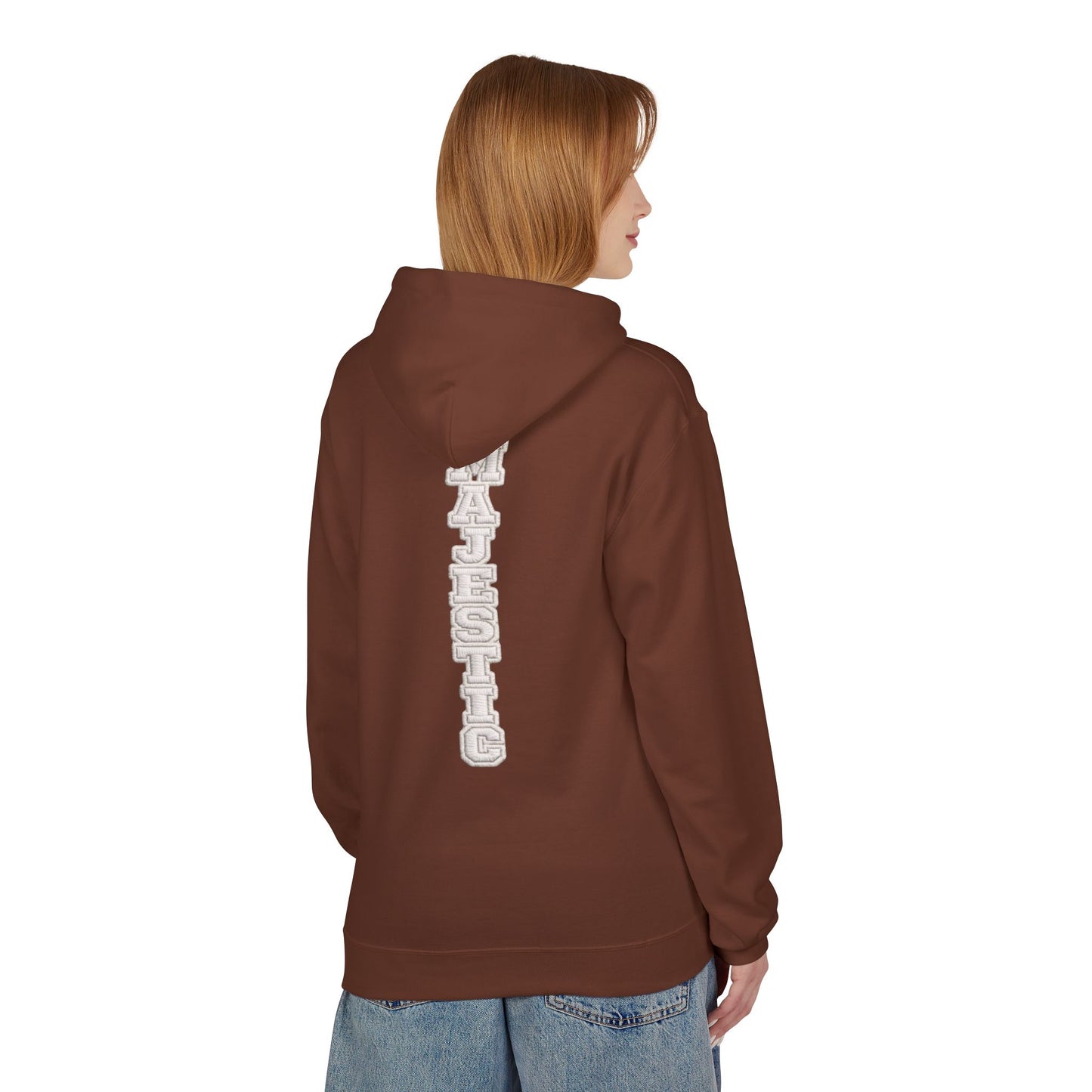 Majestic Vertical Text Hoodie — Minimal White Graphic Pullover Christian Hoodie Godly Hoodie Sports Hoodie Mighty Lifestyle Hoodie
