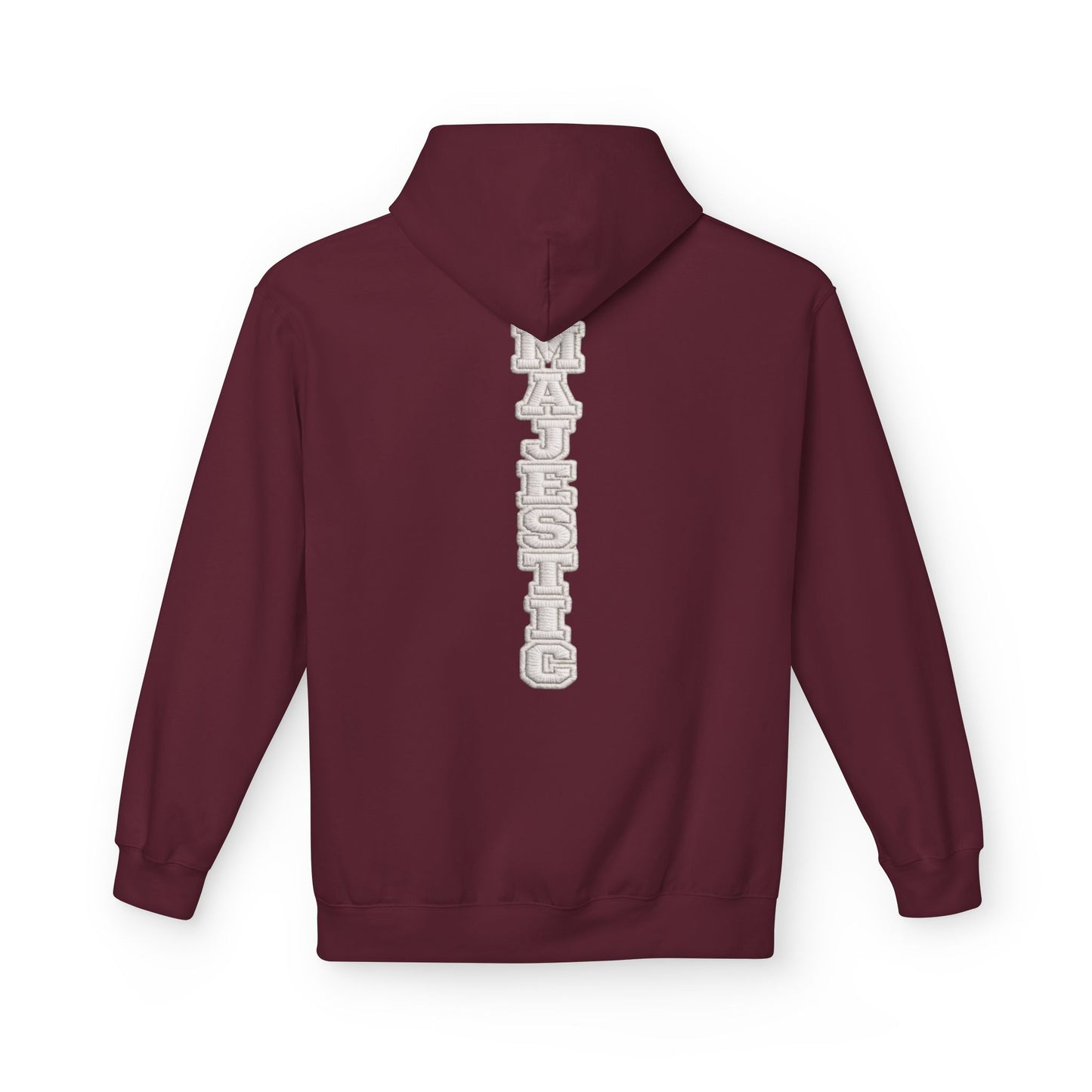 Majestic Vertical Text Hoodie — Minimal White Graphic Pullover Christian Hoodie Godly Hoodie Sports Hoodie Mighty Lifestyle Hoodie