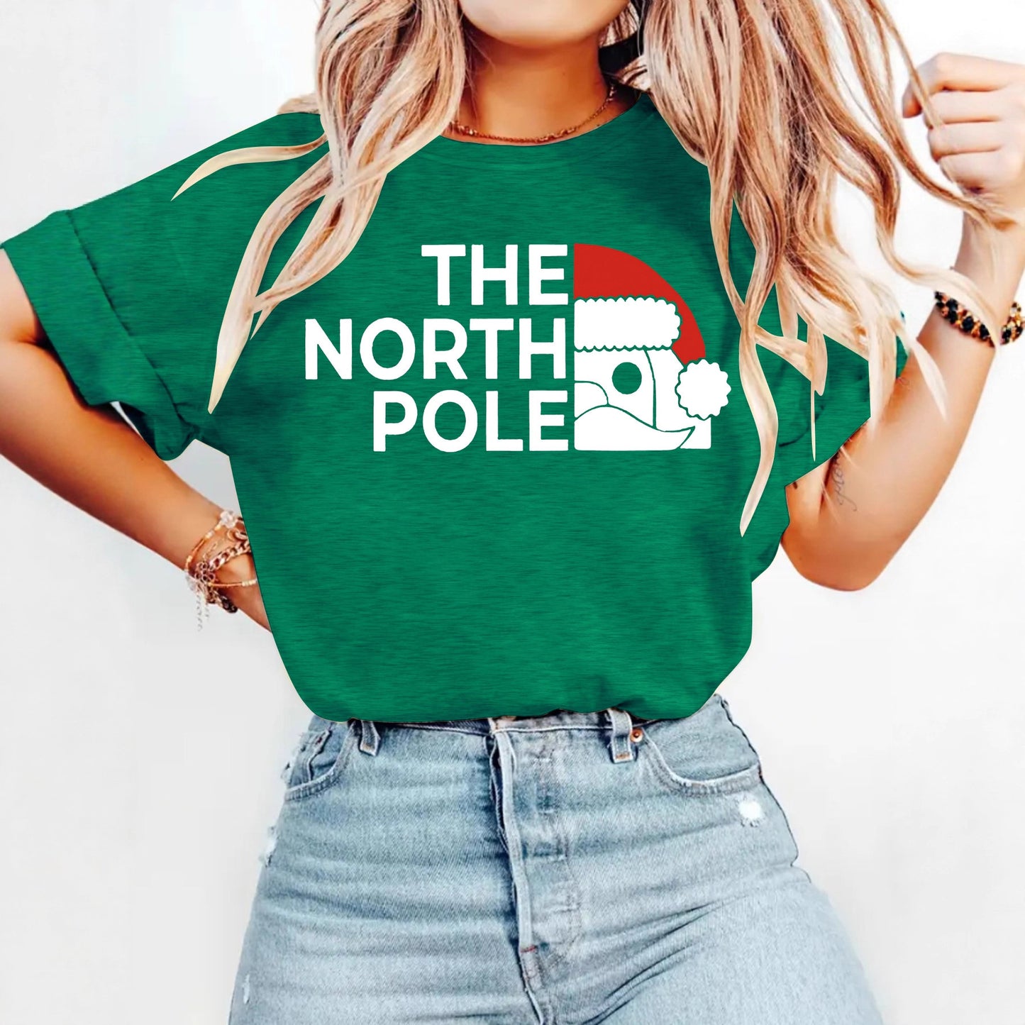 Short sleeved women's T-shirt with loose Santa Claus print Christmas Shirt North Pole