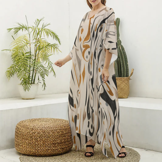 Lola Abstract Print Moo Moo Dress for Women – Flowy Muumuu Kaftan Maxi, Imitation Silk V-Neck Lounge Dress for Vacation, Resort & Everyday Comfort