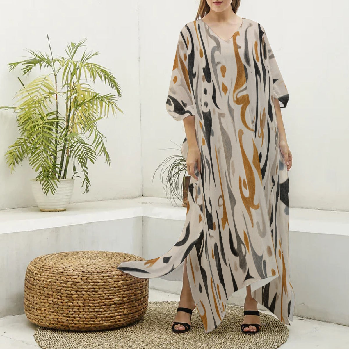 Lola Abstract Print Moo Moo Dress for Women – Flowy Muumuu Kaftan Maxi, Imitation Silk V-Neck Lounge Dress for Vacation, Resort & Everyday Comfort
