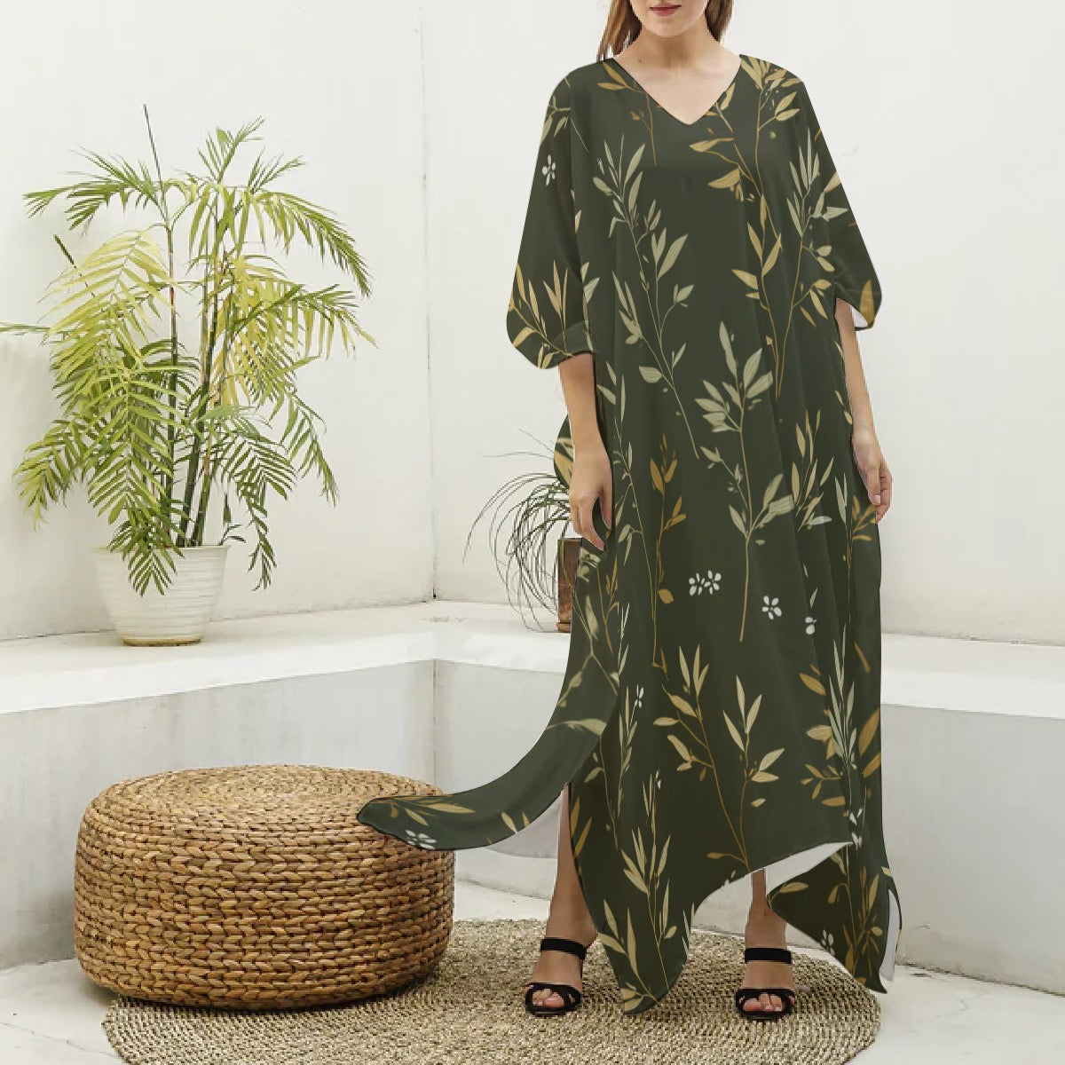 Zola Olive Garden Muumuu Abaya – Women’s Luxury Moo Moo Kaftan Dress, Silky V-Neck Lounge & Beach Maxi Muu Muu