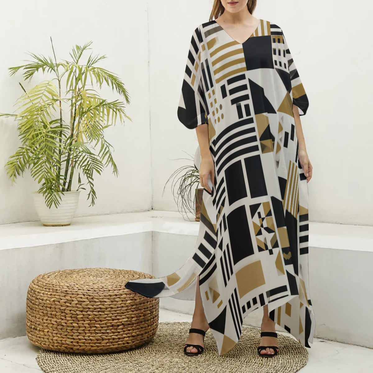 Kemet Geometry Muumuu Abaya – Women’s Luxury Moo Moo Kaftan Dress, Silky V-Neck Lounge & Beach Maxi Imitation Silk V-neck Kaftan Robe