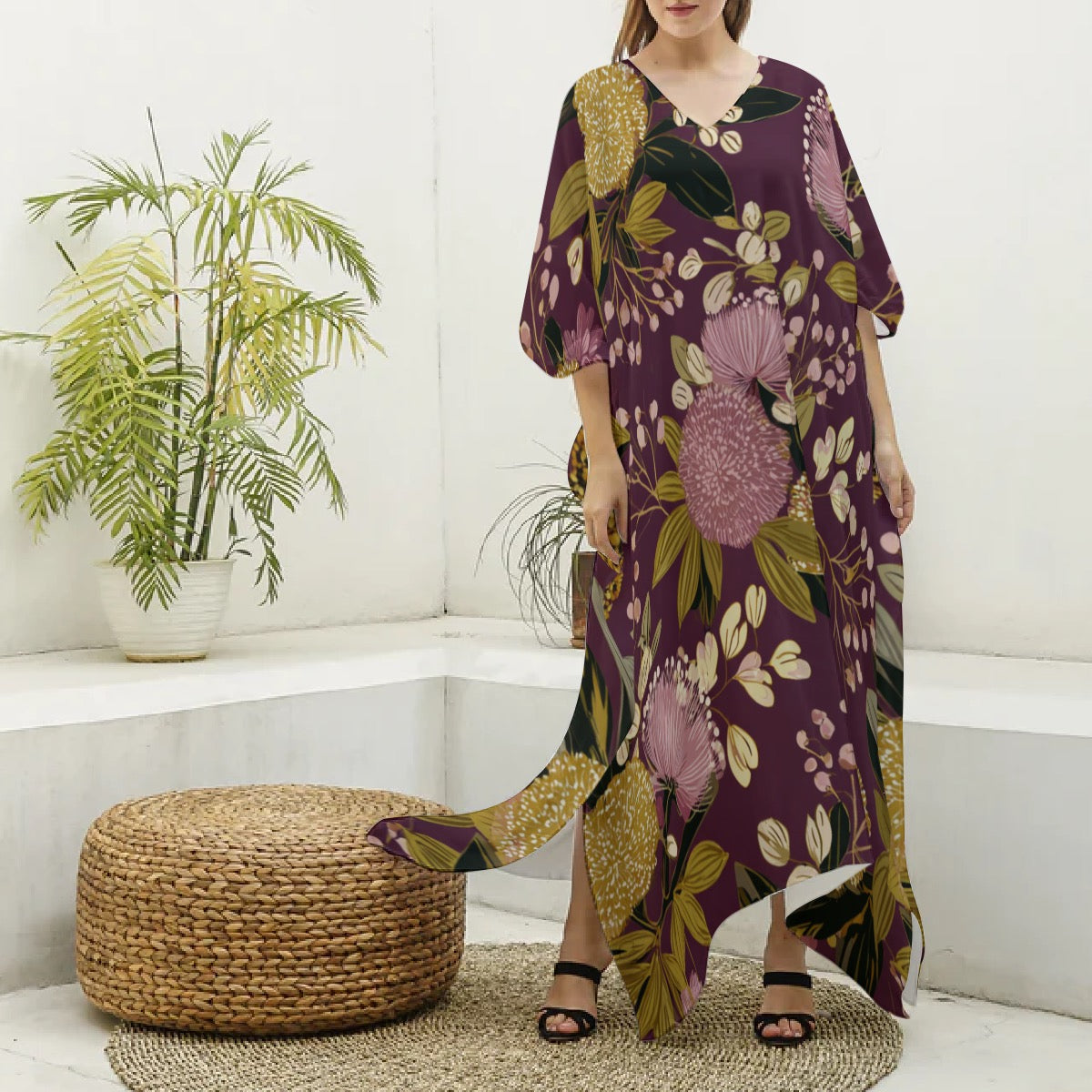 Velvet Dusk Moo Moo Kaftan Dress – Women’s Luxury Flow Lounge Dress for Effortless Comfort & Soft Seduction | MuuMuu Dress Women's Imitation Silk V-neck Kaftan Robe