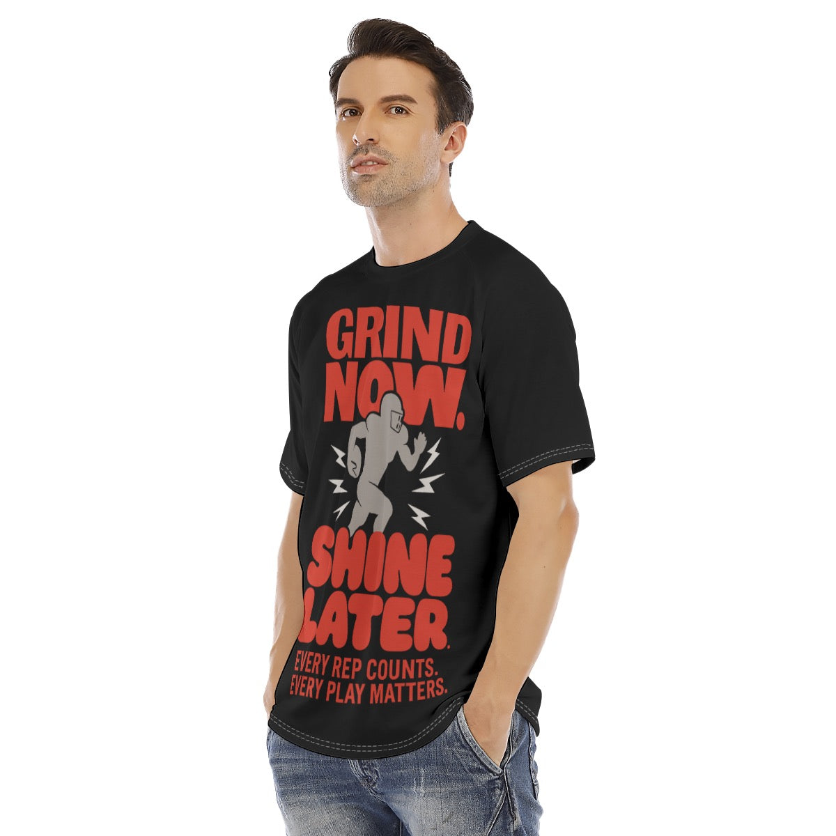 Grind Now Shine Later Every Rep Counts Every Play Matters Short Sleeve T-shirt | Grind Now Shine Later Athletic Training TShirt – Every Rep Counts Every Play Matters Football & Rugby Tee