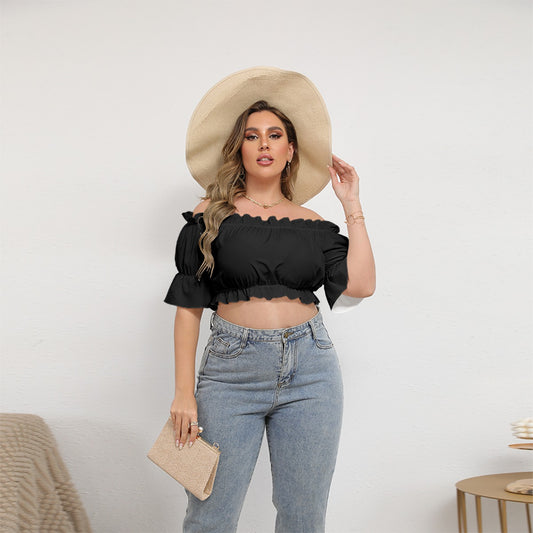 Gemma Black Minimalist High Quality Off-shoulder Cropped Top With Short Puff Sleeve