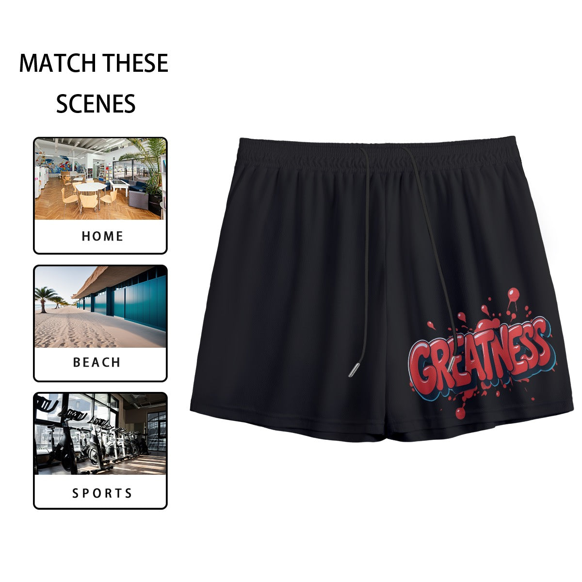 Greatness Mesh Shorts | Greatness Mesh Shorts – Black Athletic Shorts for Adult males & Teens | Bold Streetwear with Red Splash Print