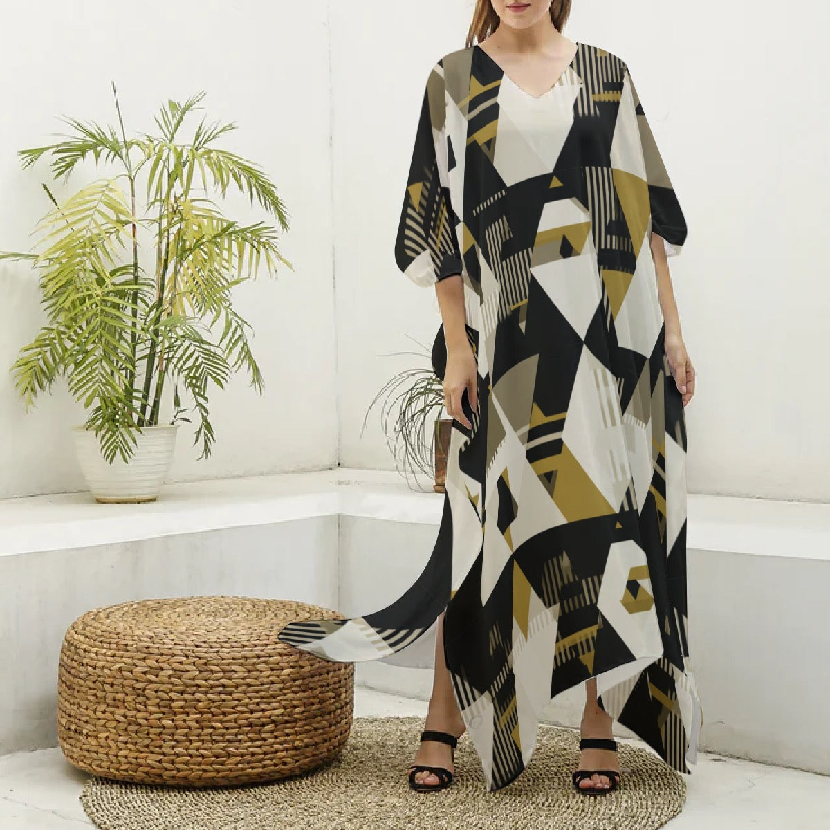 Zahara Mosaic Muumuu Abaya – Women’s Luxury Moo Moo Kaftan Dress, Silky V-Neck Lounge & Beach Maxi
 Silk V-neck Kaftan Robe