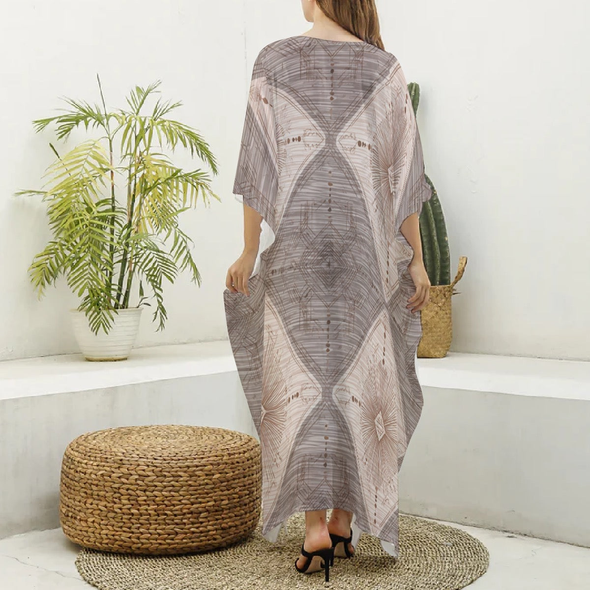 Savanna Whisper Flow Moo Moo – Abstract Earth-Tone Kaftan Dress Imitation Silk V-neck Kaftan Robe