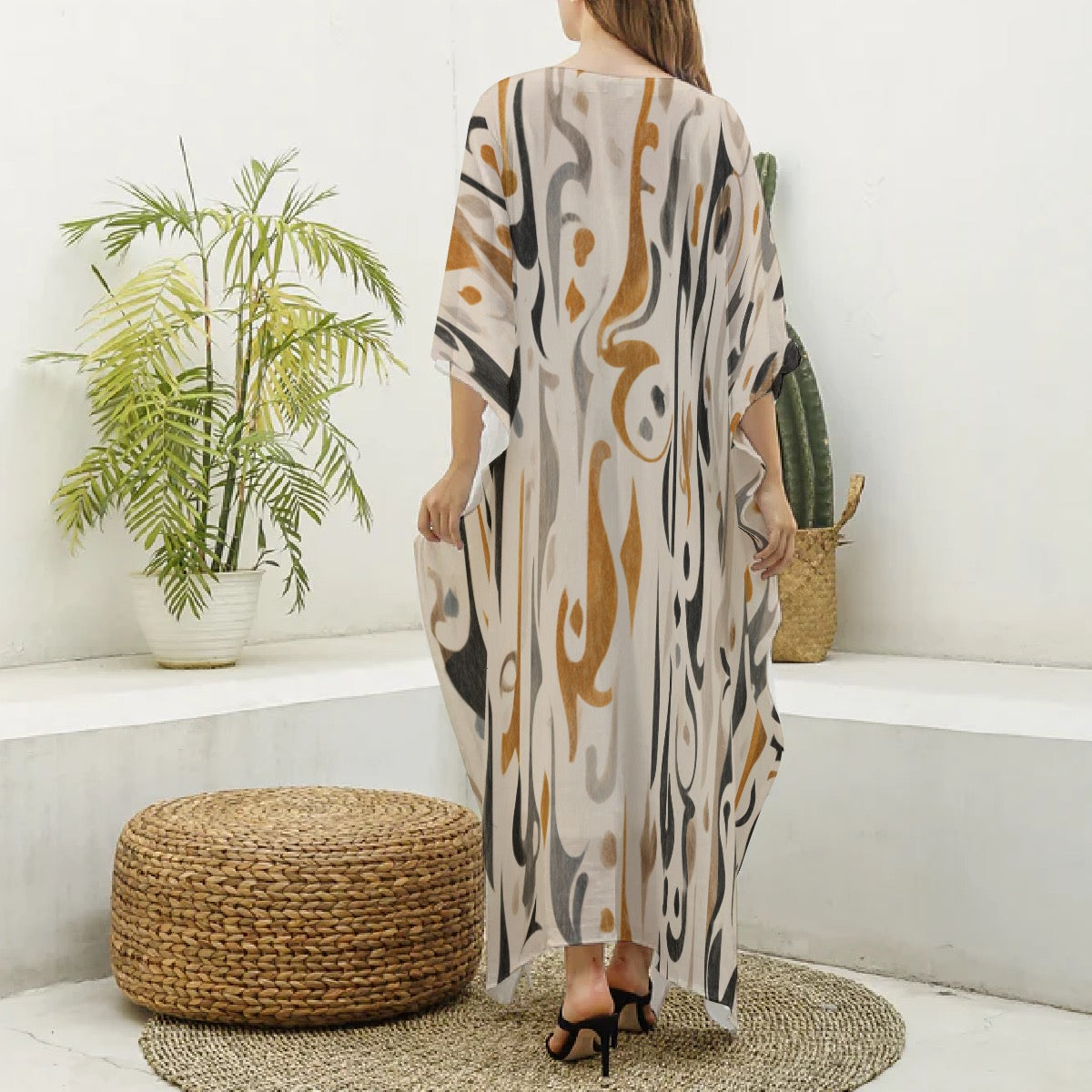 Lola Abstract Print Moo Moo Dress for Women – Flowy Muumuu Kaftan Maxi, Imitation Silk V-Neck Lounge Dress for Vacation, Resort & Everyday Comfort
