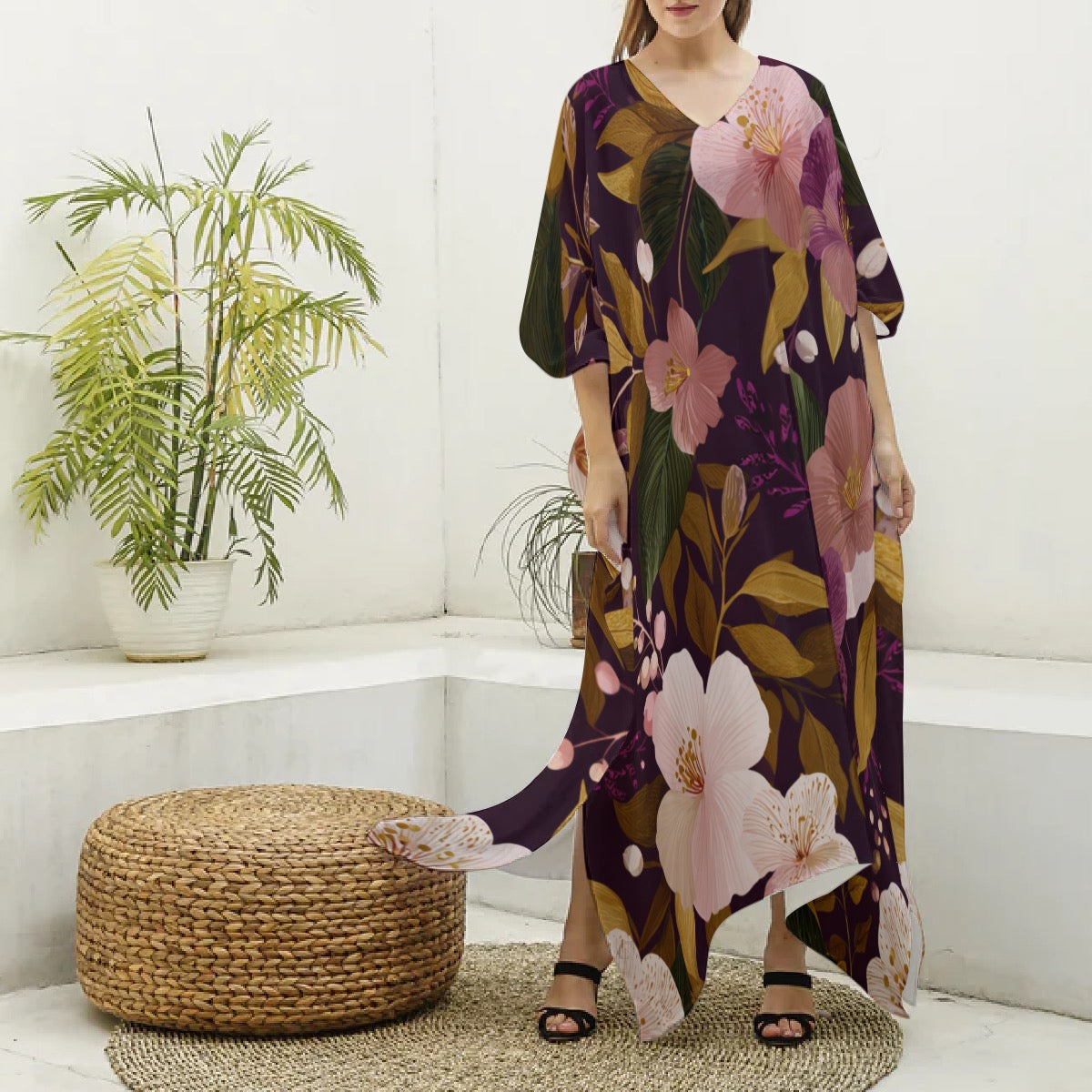 Moonlit Bloom Moo Moo Kaftan Dress – Women’s Luxury Flow Lounge Dress for Effortless Comfort & Resort Cover Up, Oversized Sleepwear