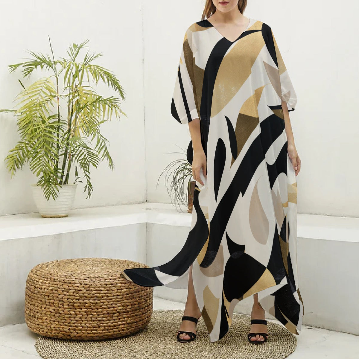 Makeda Goldwave Muumuu Abaya – Women’s Luxury Moo Moo Kaftan Dress, Silky V-Neck Lounge & Beach Maxi