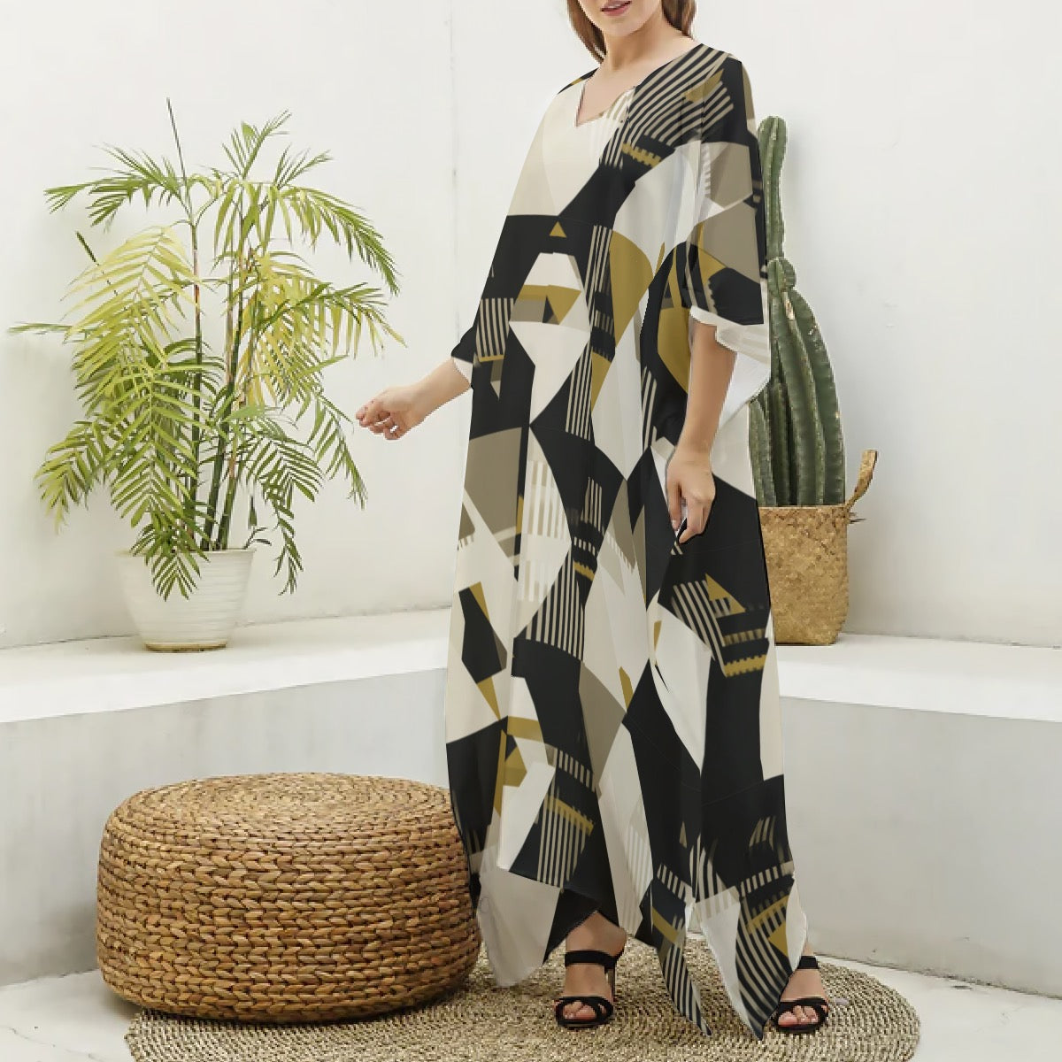 Zahara Mosaic Muumuu Abaya – Women’s Luxury Moo Moo Kaftan Dress, Silky V-Neck Lounge & Beach Maxi
 Silk V-neck Kaftan Robe