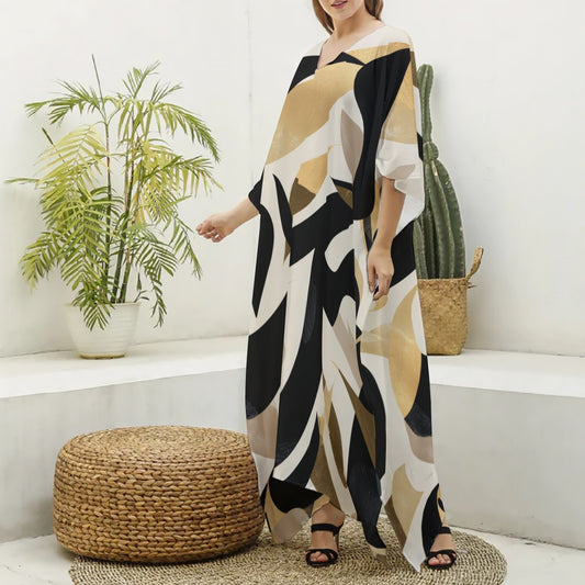 Makeda Goldwave Muumuu Abaya – Women’s Luxury Moo Moo Kaftan Dress, Silky V-Neck Lounge & Beach Maxi