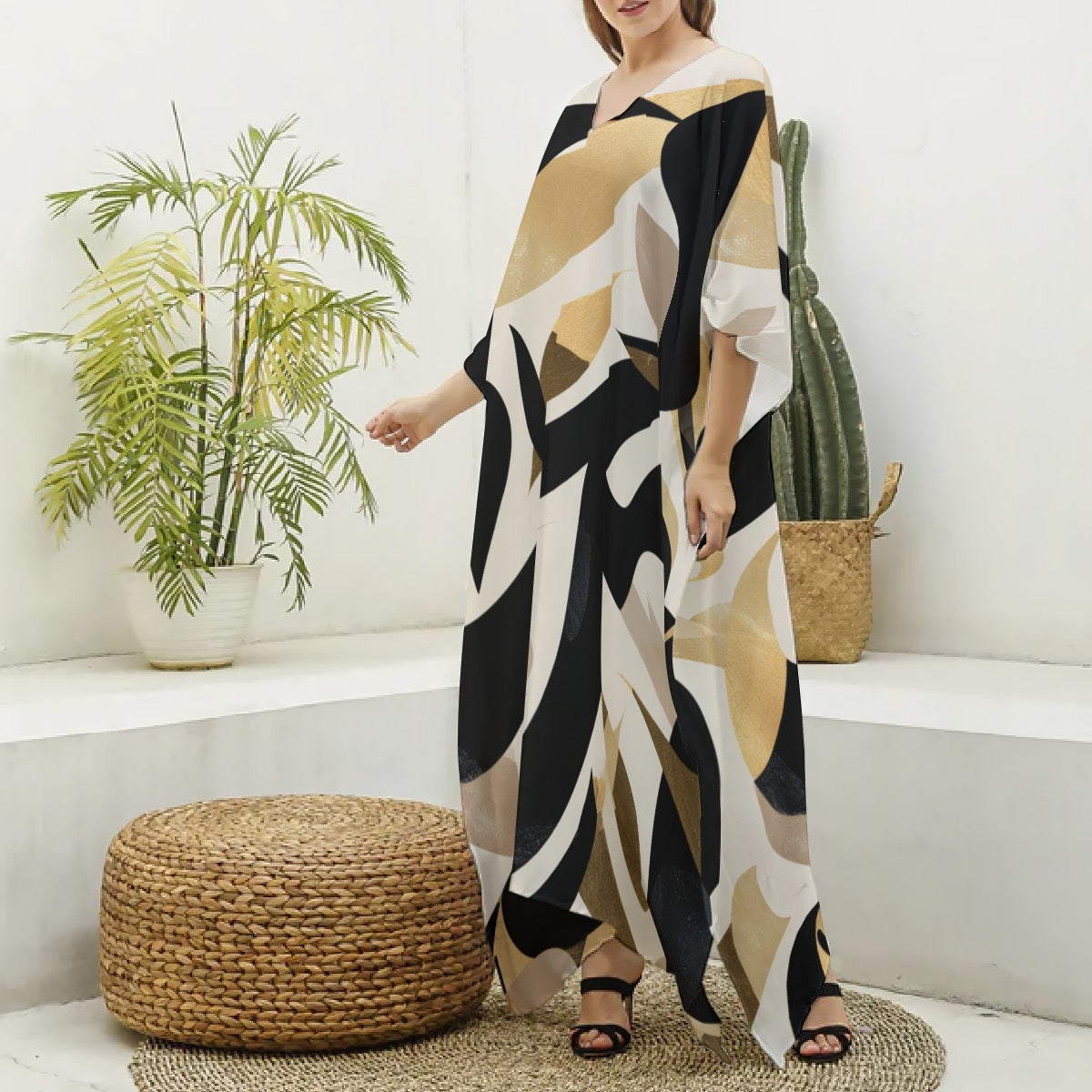 Makeda Goldwave Muumuu Abaya – Women’s Luxury Moo Moo Kaftan Dress, Silky V-Neck Lounge & Beach Maxi