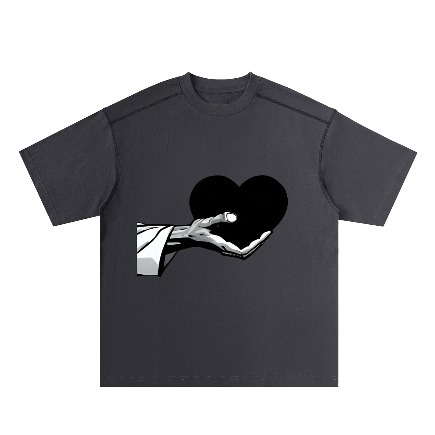 Black Heart in Hand Oversized Contrast-Stitched Cotton Tee | Black Heart in Hand Graphic Tee – Oversized Contrast Stitch Angelic Warrior Shirt for Men & Women | Streetwear Cotton T-Shirt