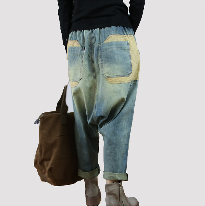 Women’s Vintage Patchwork Denim Baggy Pants – Loose Fit Wide-Leg Jeans with Elastic Waist – Boho Casual Frayed Streetwear Trousers Elastic Loose Oversized Casual Frayed Patch Denim Baggy Pants