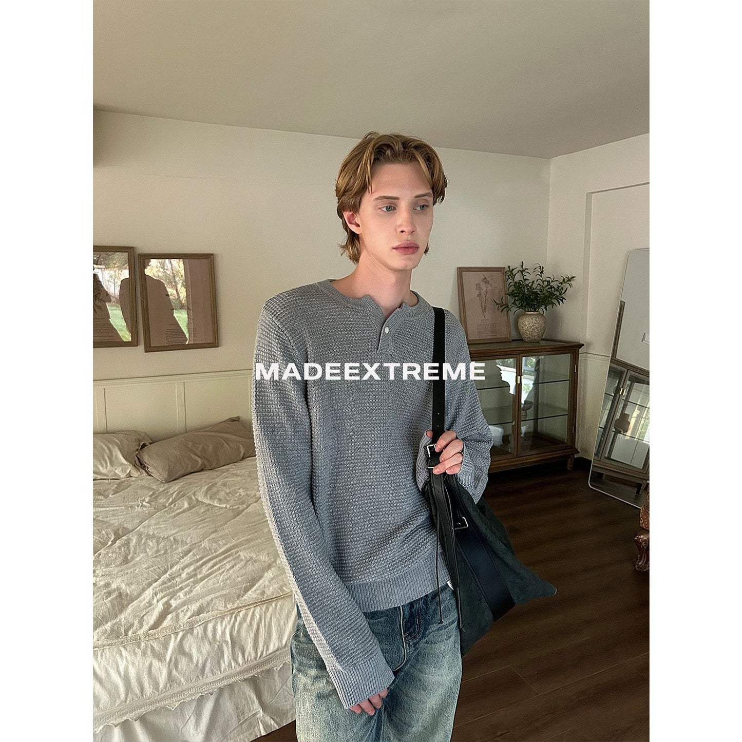 Unisex V-Neck Long Sleeve Cotton Sweater – Loose Fit Henley Collar Knit Top for Men and Women | Small V-Neck Long Sleeve T-Shirt for Men and Women Loose Fit Henry Collar Sweater