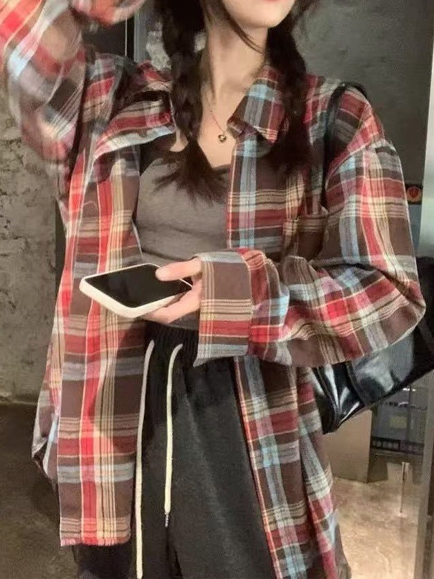 Women’s Retro Plaid Button Down Shirt – Color Block Loose Fit Blouse Top | Long Sleeve Casual Fall Layering Shirt | Mid-Length Oversized Flannel Style Sunscreen Cover-Up Retro Color Block Plaid Shirt Women Loose Fit Casual Sunscreen Blouse Top