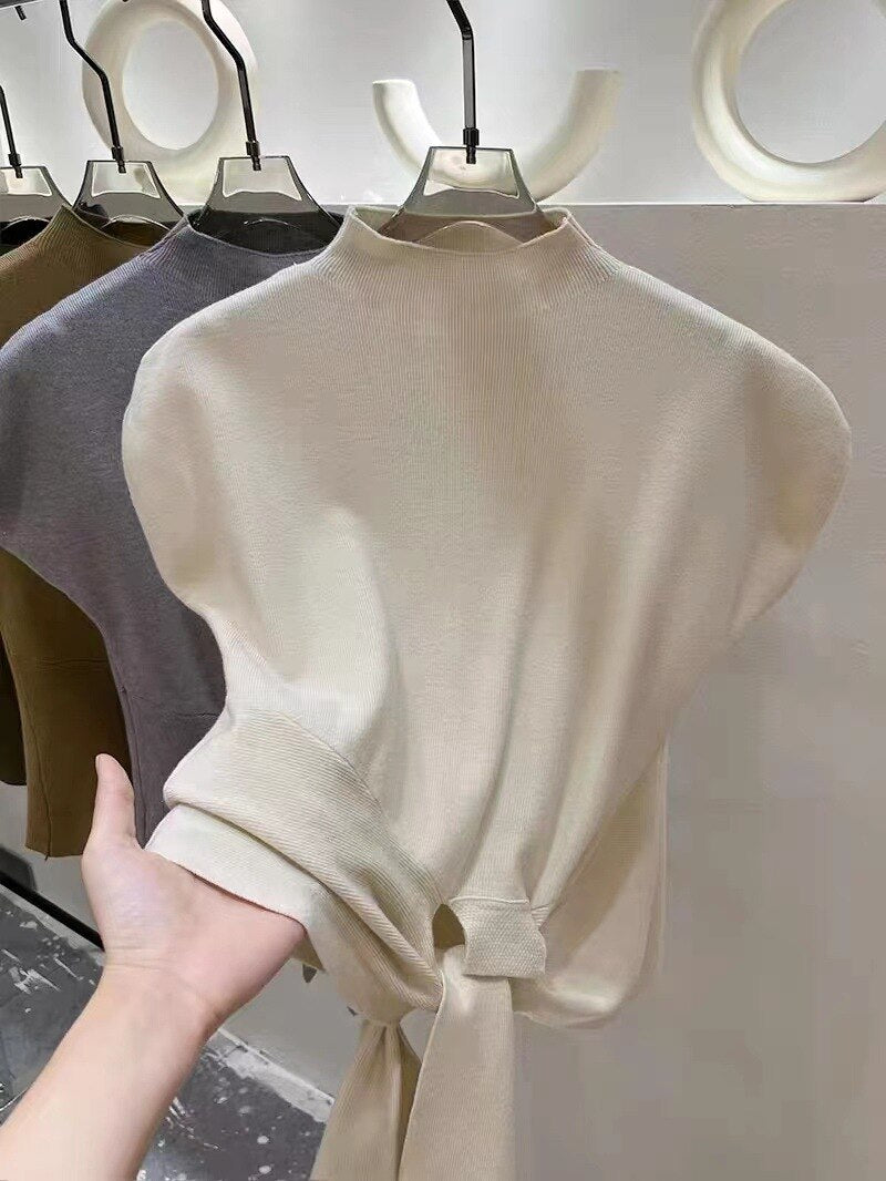 Neutrals Women T Shirt Stand Collar Sleeveless Knitted Tshirt Fashion Solid Bottoming Tee Shirt For Women Female Top Tshirts