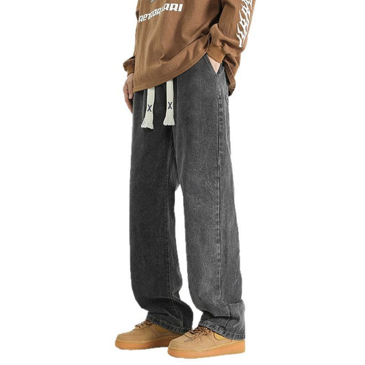 Sway Jeans Straight Leg Loose Fit Jeans for Men & Teens – Trendy Japanese Streetwear Cotton Denim Pants Trendy Straight Leg Jeans Loose Long Trousers Adult Male or Teenagers Rope Drawstring Jeans