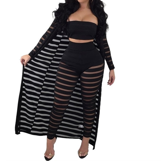 Summer Tracksuit Hollow Out Stripe Overalls Sexy Women's Set Three Pieces Suits Jumpsuit Casual Nightclub Wear BBW