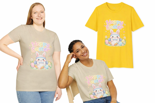 Happy Easter Bunny Graphic Tee – Cute Pastel Easter Shirt for Women, Spring Holiday Outfit, Easter Egg Hunt Shirt