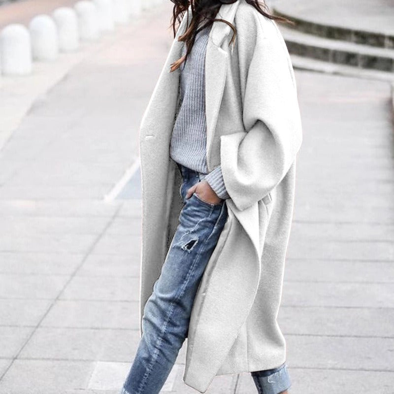 Autumn and winter women's casual long solid color warm woolen jacket