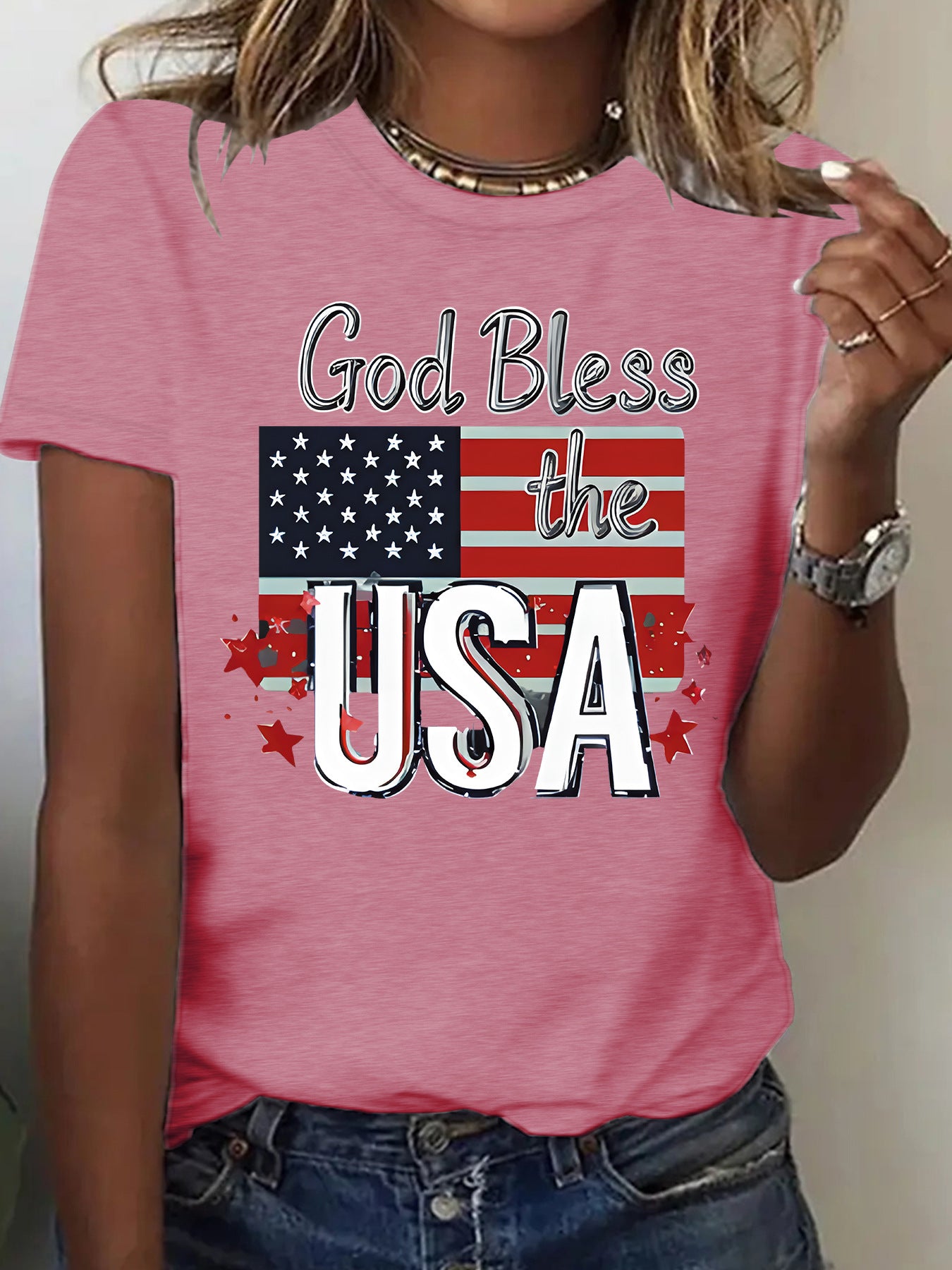 Short sleeved women's t-shirt with USA flag