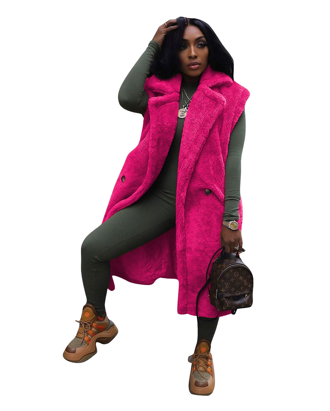Women’s Plush Longline Teddy Vest – Viral TikTok Soft-Life Sleeveless Fleece Cardigan Jacket for Romantic Outings, Sports Games, HBCU Events & Cute Fall Dates