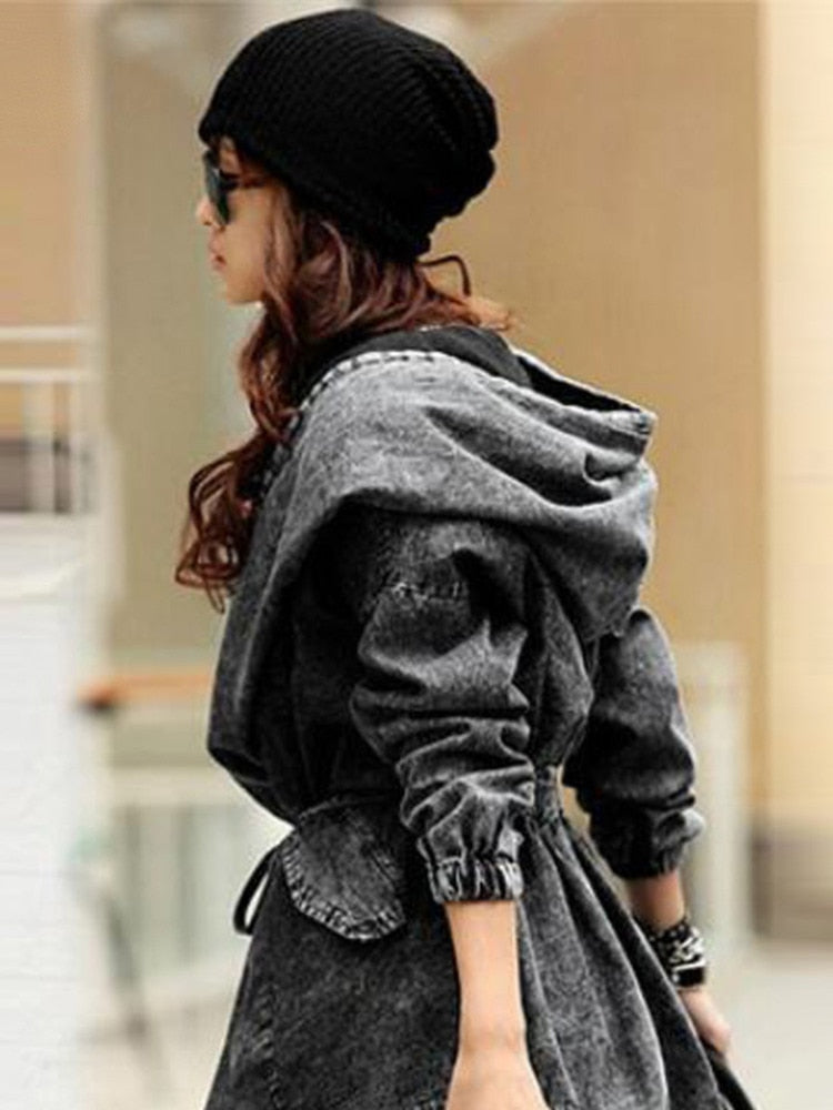 Oversized Denim Hoodie Jacket for Women – Streetwear Jean Trench Coat with Hood, Long Sleeve Casual Outerwear Windbreaker – Trendy Blue Fall Fashion Layer by Denim Jackets Oversized Hoodie Hooded Outerwear Jean Wind Jacket Fashion Design Denim Women Coat