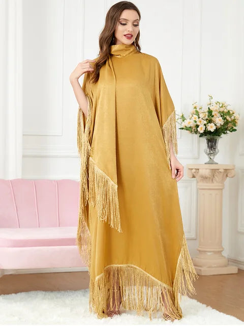 Luxury Tassel Batwing Sleeve Caftan Dress for Women – Oversized Turtleneck Moroccan Robe with Irregular Hem | TikTok Viral Moo Moo
Farasha Dress