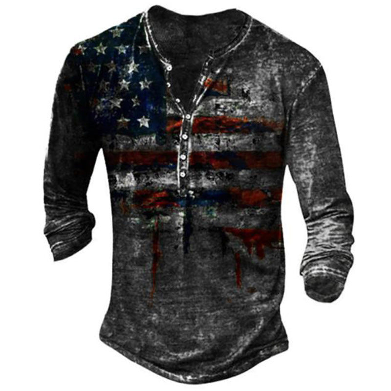 US Patriot, Various Blends, Trendy Pattern Henley Shirt Shirt Fashion New 3D Digital Printing Vintage Pattern Men's Long Sleeve T-Shirt Imitation Cotton