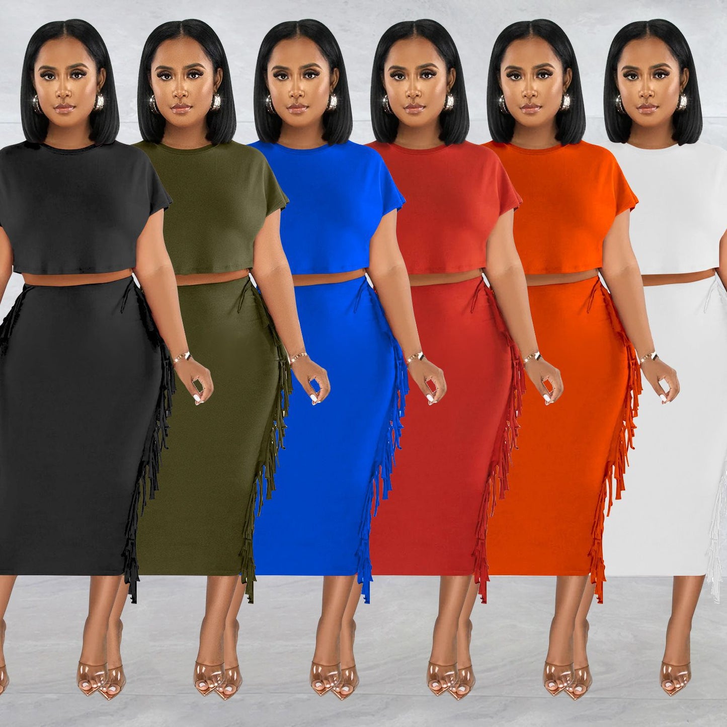 Wilhima Women’s Skirt Set FashionableStyle Solid Color Fringe Round Neck Short Sleeve Long Dress Two-Piece Set