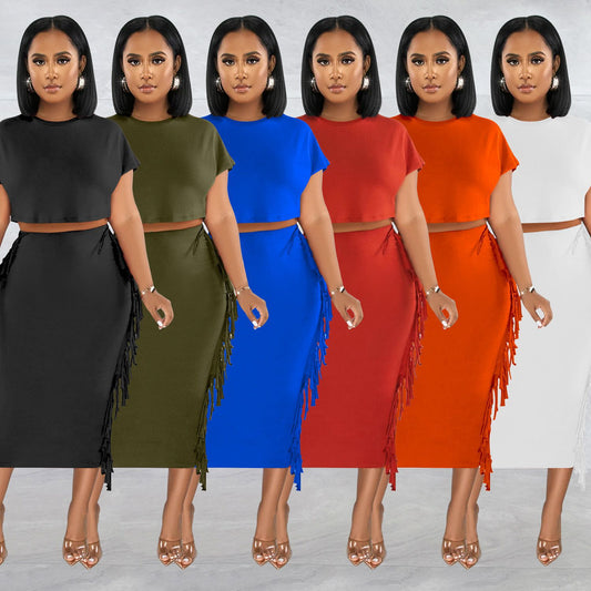 Wilhima Women’s Skirt Set FashionableStyle Solid Color Fringe Round Neck Short Sleeve Long Dress Two-Piece Set