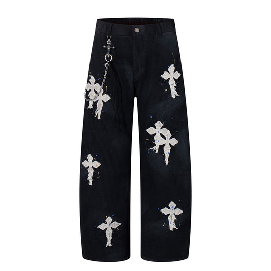 Trendy Unisex Cross Patch Straight-Leg Jeans – Luxury Streetwear Embroidered Denim, TikTok Viral Hand-Painted Aesthetic, Hip-Hop Loose Fit Pants (Black or Off-White)