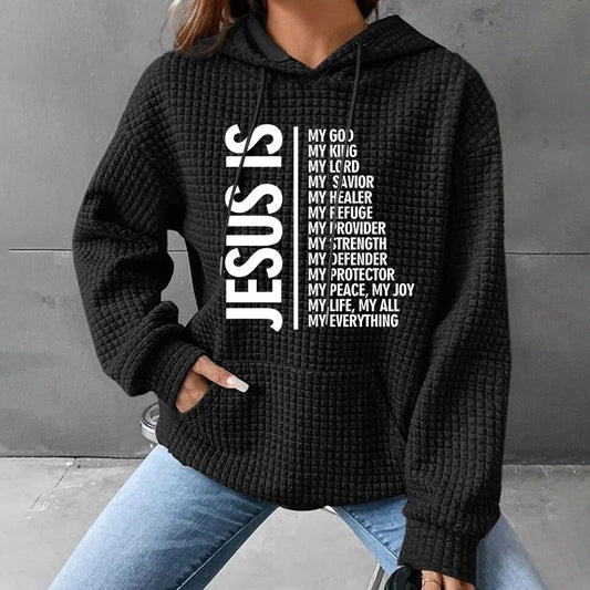 Jesus Is Hoodie – Women’s Waffle Knit Christian Sweatshirt | Faith-Based Pullover | Inspirational Bible Verse Hoodie for Women
Jesus Is Hoodie Women's Letter Print Hooded Waffle Sweatshirt Faith Based Hoodie Christian Hoodie