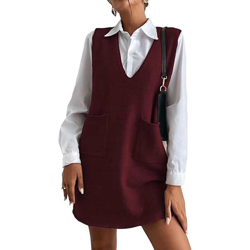 Knitted Medium Long Double Sided Vest Skirt Autumn/Winter  Solid Color Sleeveless Versatile Dress