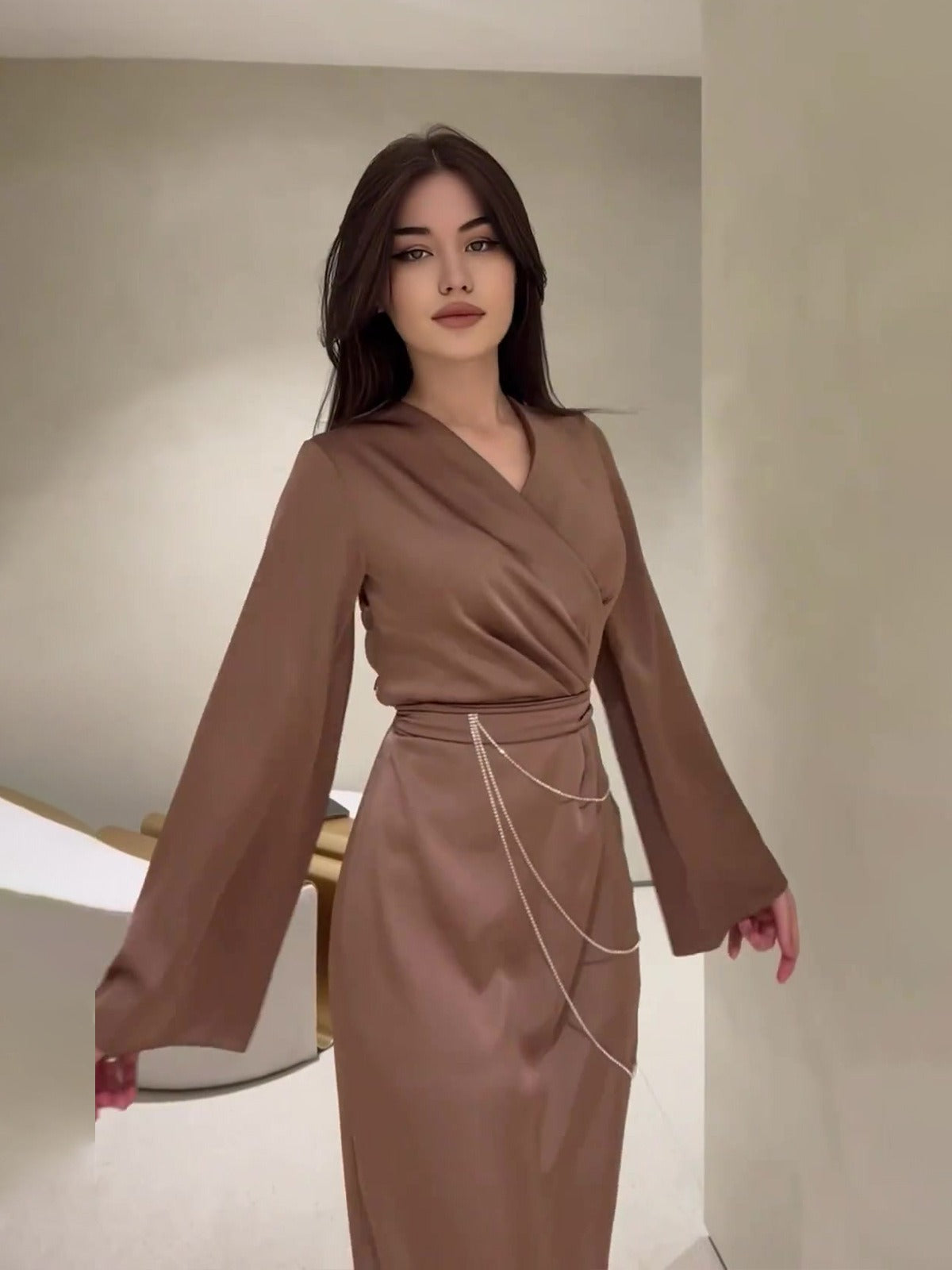 Brooklynn Brown Loves Dress | Autumn New Long Dress Style Long Waist Dress | Fall Fashion Dress | Wrap Tie Dress