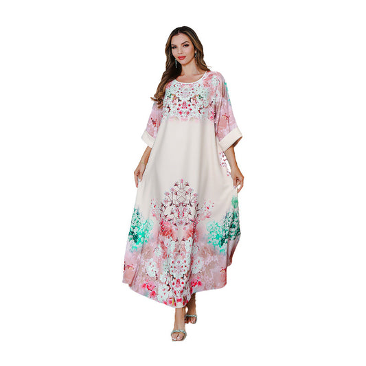 Summer New Moo Moo Printed Dress Party Middle East Long Dress Abaya Sequined Printed Robe