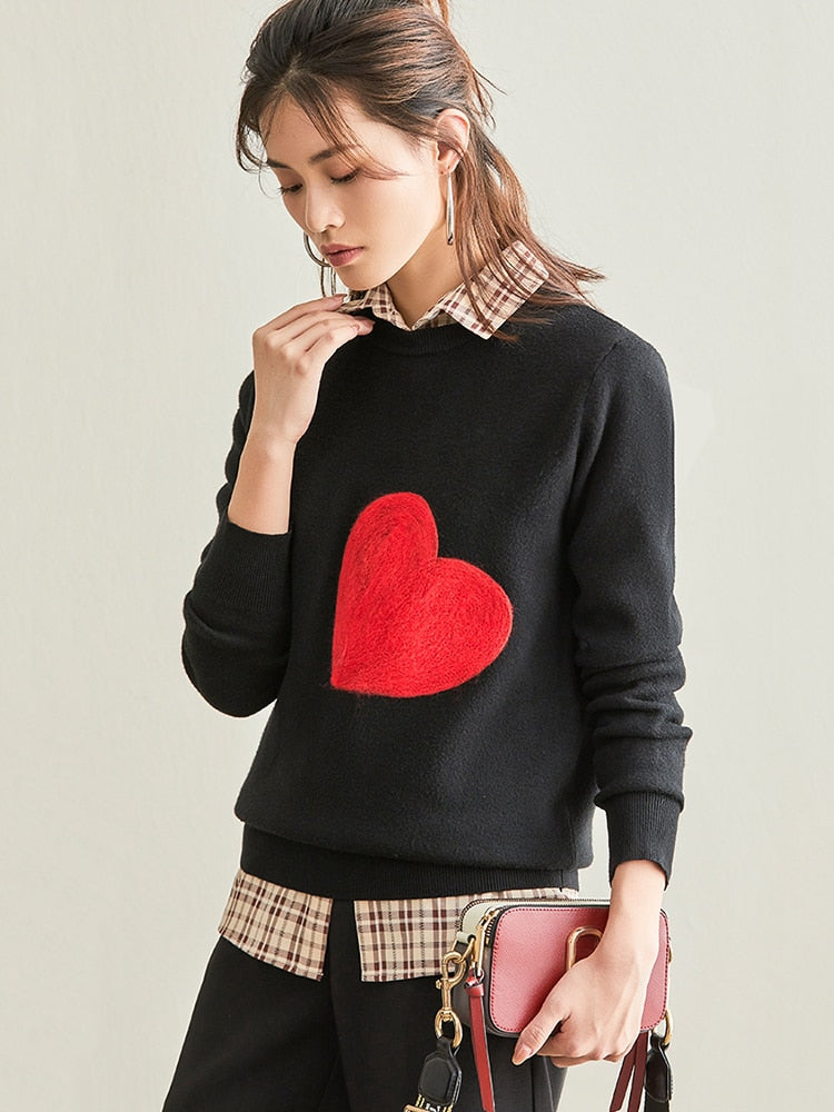 Valentine Sweater Minimalist | Women Knit Sweater Embroidery Red Heart O-Neck Simple Style Fall Spring Autumn Slim Pullover Harajuku