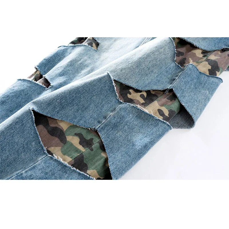 Mighty Lifestyle Camo Jeans | Camouflage Hole Jeans Mens Straight Loose Wide-leg Denim Pants Street Hip Hop Cowboy Pants for Men