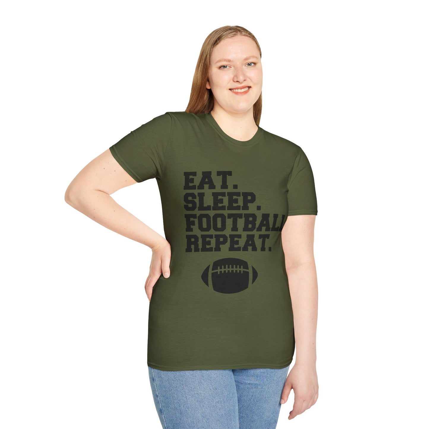 Eat Sleep Football Repeat Football Shirt | Tackle and Flag Football Shirt | Sports Shirt | Football Player Shirt | Mighty Lifestyle |  Softstyle T-Shirt