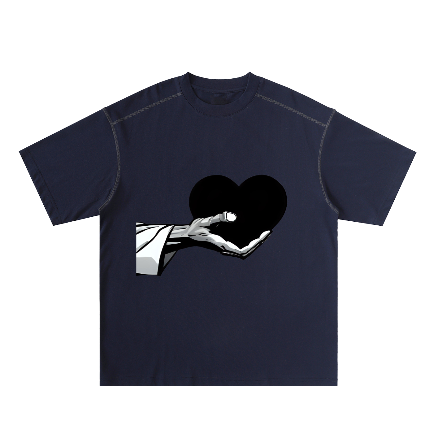 Black Heart in Hand Oversized Contrast-Stitched Cotton Tee | Black Heart in Hand Graphic Tee – Oversized Contrast Stitch Angelic Warrior Shirt for Men & Women | Streetwear Cotton T-Shirt