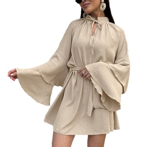 Women's Short Sleeve Ruffled Dress with Stand-up Collar Tie and Bow